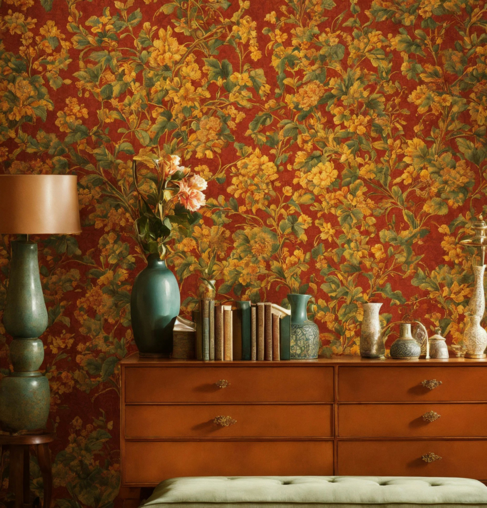 Papier peint fleuri vintage à fond rouge orné de motifs floraux jaunes et verts, mis en scène avec une enfilade en bois, des livres anciens, des vases en céramique et un banc tapissé de velours vert.