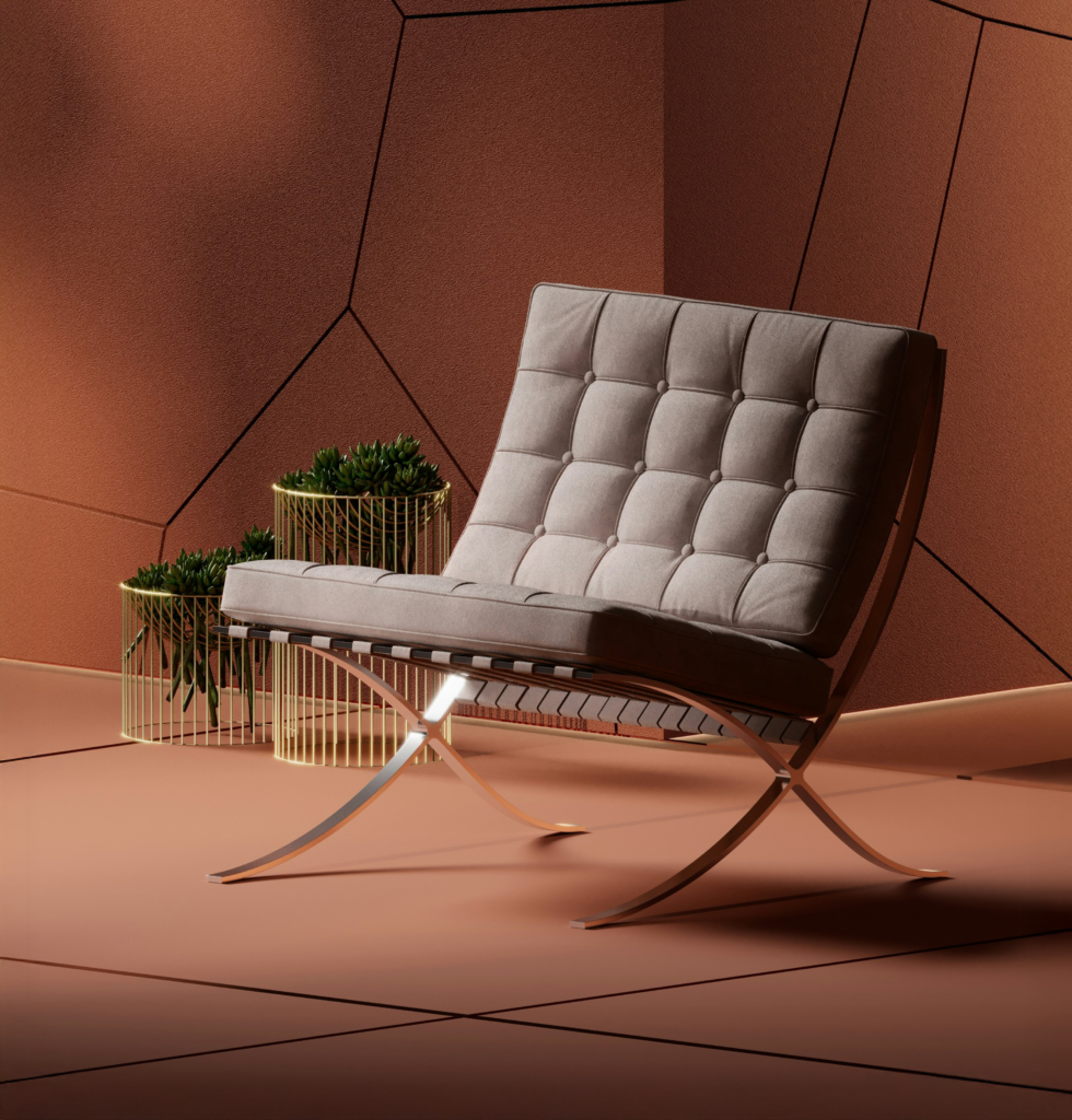 Fauteuil design capitonné à piètement cuivré, posé sur un sol rose cuivré, avec en arrière-plan des plantes vertes dans des cache-pots métalliques dorés et un mur texturé géométrique.